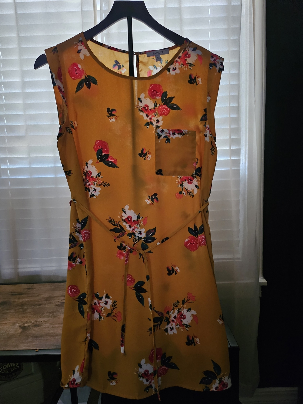 Papaya Mustard Floral Tie-Waist Mini Dress